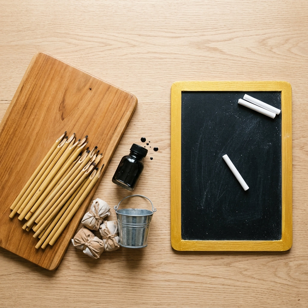 A styled flat-lay of school and art supplies on a light wood tabletop, including a wooden cutting board with pencils, a small black ink bottle, a silver bucket, chalk wrapped in twine, and a small chalkboard with chalk pieces.